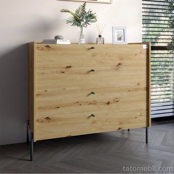 Комод із 4 шухлядами LION Wood із чорними ніжками 100х90х45 см Дуб Артизан (LION-042978) LION-042978 фото
