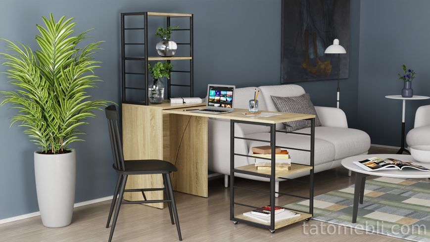 Стол-тумба трансформер Смарт 3/1 с этажеркой Ferrum-decor 1430x1450x500 Черный металл ДСП Дуб Сонома 16 мм (FRD-105112) FRD-105112 фото