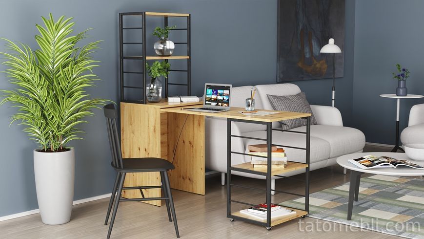 Стол-тумба трансформер Смарт 3/1 с этажеркой Ferrum-decor 1430x1450x500 Черный металл ДСП Дуб Артизан 16 мм (FRD-105114) FRD-105114 фото