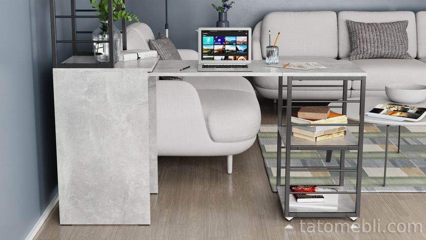 Стіл-тумба трансформер Смарт 3/1 з етажеркою Ferrum-decor 1430x1450x500 Чорний метал ДСП Бетон 16 мм (FRD-105115) FRD-105115 фото