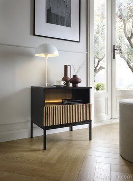Тумба приліжкова з підсвіткою Perfect Home Сенто / Sento S54 з 1 шухлядою Чорний/дуб вотан (PFH-091484) PFH-091484 фото