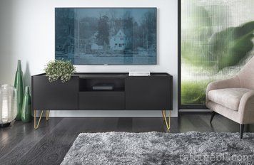 Тумба під телевізор Perfect Home Гармони / Harmony 1-дверна з 2 шухлядами і золотими ніжками RTV144 Чорний/чорний мармур роял (PFH-091179) PFH-091179 фото