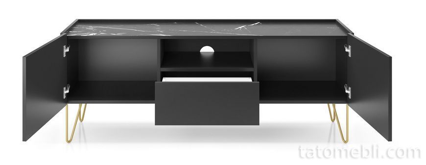 Тумба под телевизор Perfect Home Гармоны / Harmony 1-дверная с 2 ящиками и золотыми ножками RTV144 Черный/черный мрамор роял (PFH-091179) PFH-091179 фото
