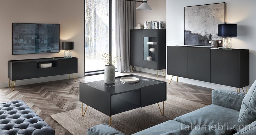 Тумба под телевизор Perfect Home Гармоны / Harmony 1-дверная с 2 ящиками и золотыми ножками RTV144 Черный/черный мрамор роял (PFH-091179) PFH-091179 фото