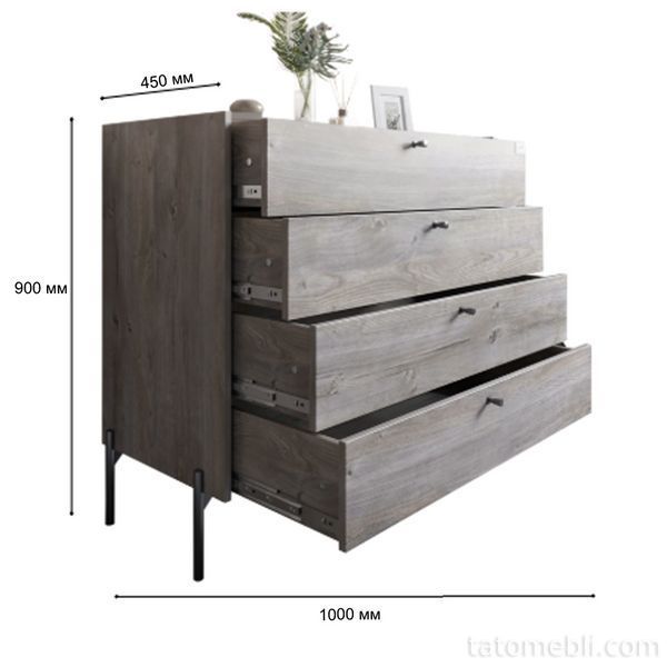 Комод с 4 ящиками LION Wood с черными ножками 100х90х45 см Дуб Сонома (LION-042980) LION-042980 фото
