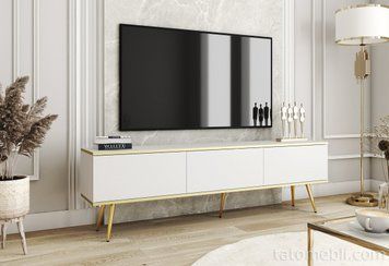 Тумба под телевизор Perfect Home Оро/Oro 3-дверная с золотыми ножками RTV175 Белый (PFH-091319) PFH-091319 фото