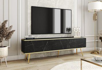 Тумба под телевизор Perfect Home Оро/Oro 3-дверная с золотыми ножками RTV175 Черный мрамор роял (PFH-091322) PFH-091322 фото