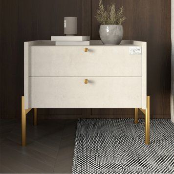 Тумба приліжкова LION Wood з двома шухлядами Бетон style (золоті ножки) (LION-041338) LION-041338 фото