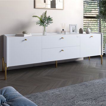 Тумба под телевизор с ящиками LION Wood с золотыми ножками 160х65х40 см Нимфея Альба (белый) (LION-043118) LION-043118 фото